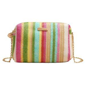 Straw Tote Bag Rainbow Striped Casual Beach Shoulder Bag Summer :[